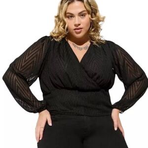 Torrid Long Sleeve Clip Zig Zag Surplice Crop Blouse NWT